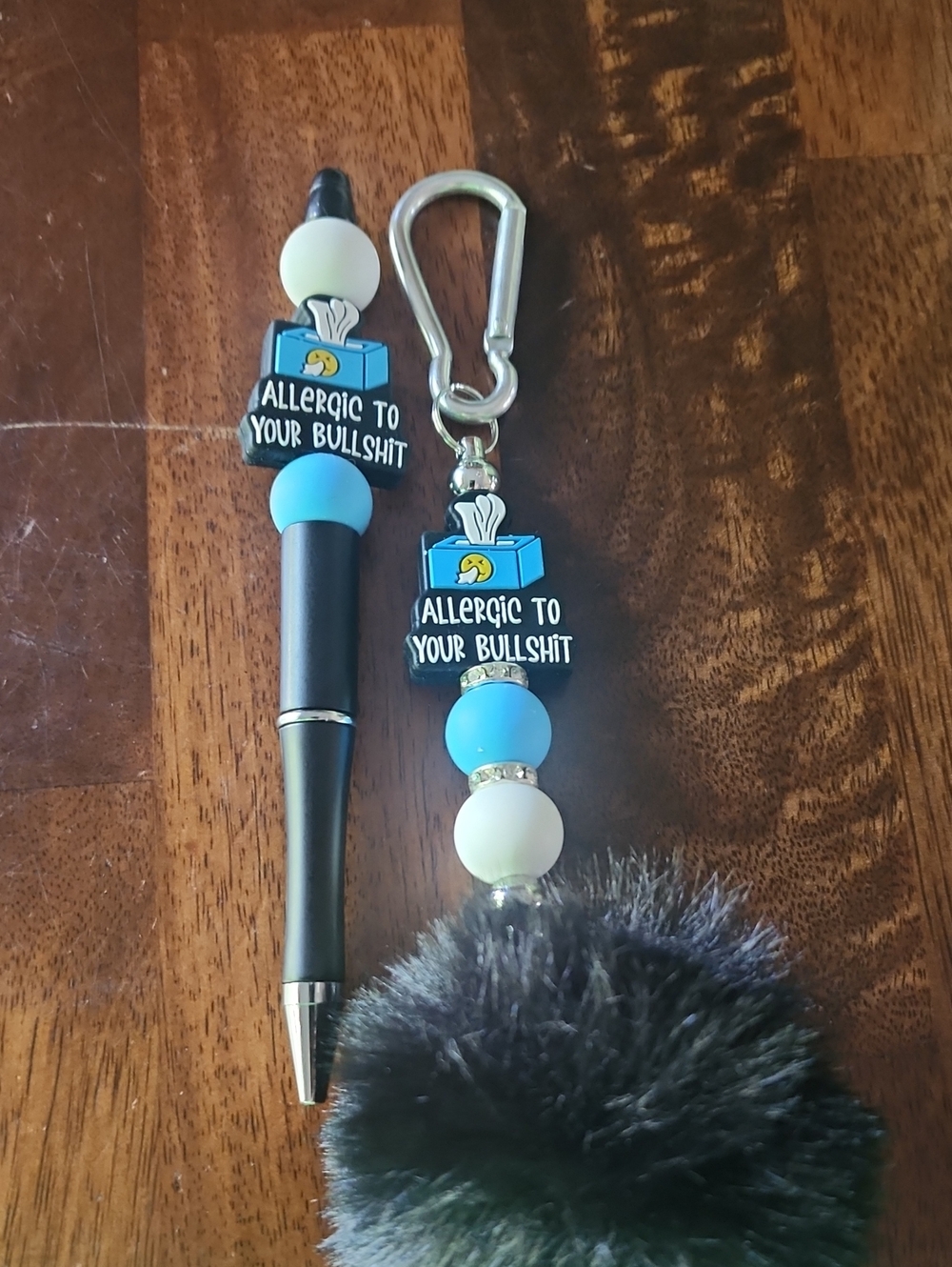 "Allergic to Your Bullshit" Blue & White Beaded Keychain - Picture 4 of 4